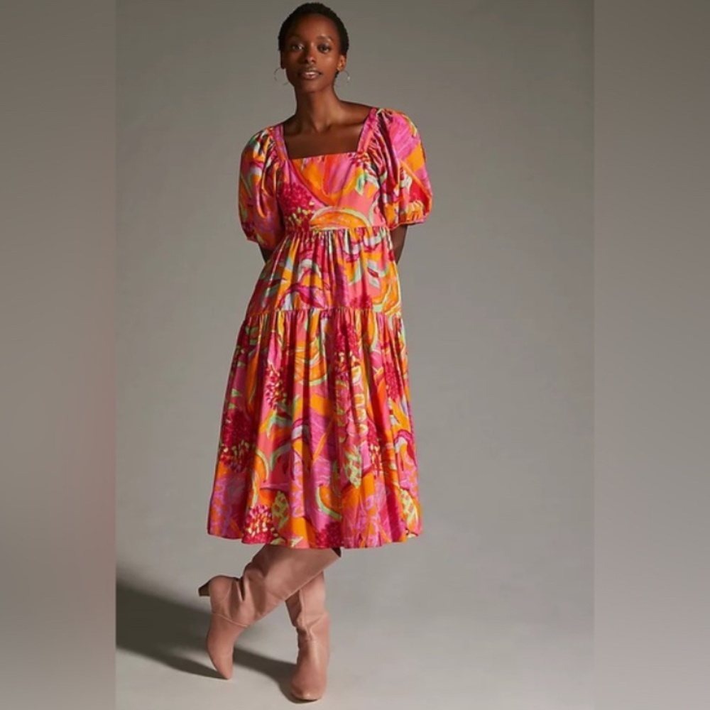 Anthropologie Farm Rio M Puff-Sleeve Fruit Midi Dress